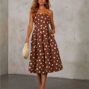Brown and White polka Dot Square Neck Sleeveless Midi Dress
